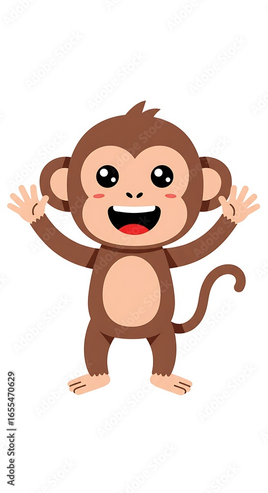 Fototapeta premium Cute cartoon monkey with big eyes and a wide smile, raising its hands, isolated on a white background.