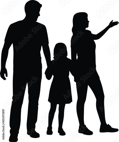 Silhouettes of family with father, mother, and child holding hands, black isolated figures, white background, togetherness, guidance, parental love concept