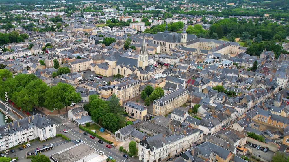 A panorama aerial view of  the old town in the city La Flèche in France on a sunny summer morning