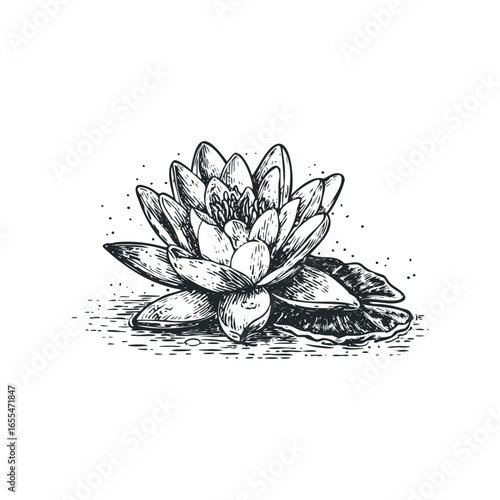 Detailed linocut of a lotus flower floating on water with lily pads