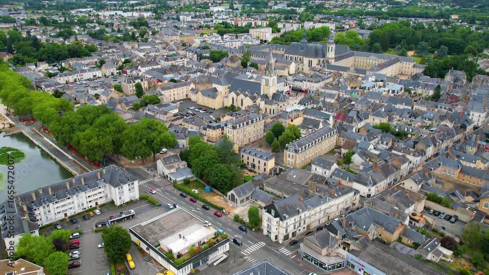 A panorama aerial view of  the old town in the city La Flèche in France on a sunny summer morning