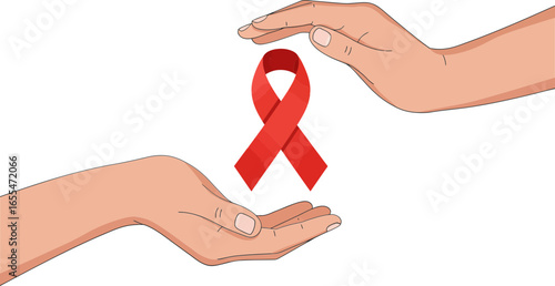Hands protecting red ribbon with heart symbol of HIV AIDS awareness, care and global health prevention concept