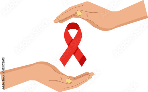 Hands protecting red ribbon with heart symbol of HIV AIDS awareness, care and global health prevention concept