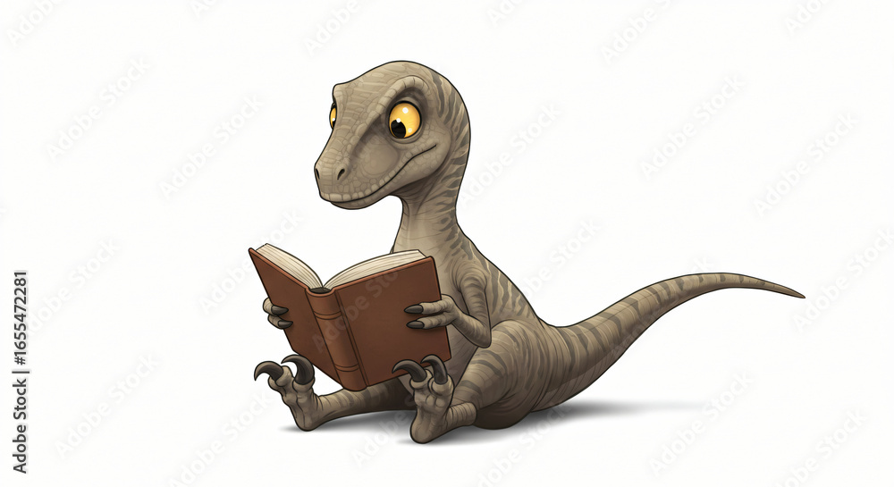 Fototapeta premium Little Raptor Student: A whimsical and educational image of a baby dinosaur with big eyes, engaging in a quiet moment of reading