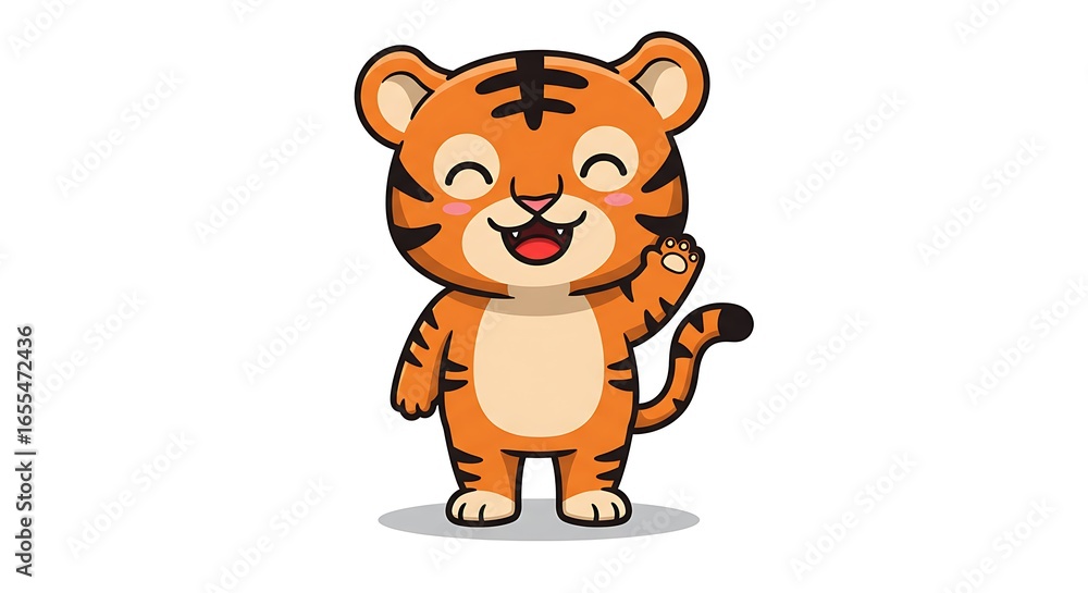 Obraz premium A cute cartoon tiger cub with orange and black stripes is happily waving its paw.