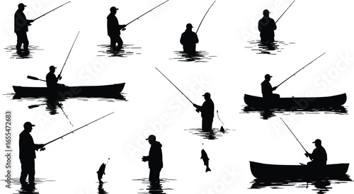 Silhouettes of fishermen, fishing rod, catching fish, boat fishing, wading in water, outdoor activity, angler silhouette, sport fishing, calm water, fishing scene, peaceful lake, sunrise fishing,