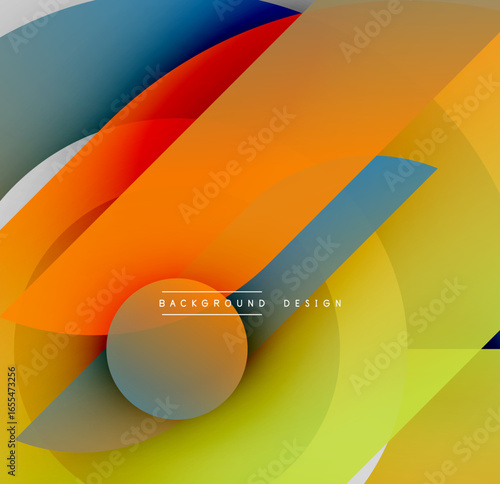 Abstract colorful shapes overlap creating dynamic visual effect. Gradients blend smoothly, forming modern design elements.