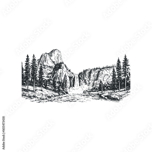 Sketch of a towering waterfall cascading down a rocky mountain surrounded by evergreen trees and a river