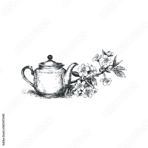 Hand Drawn Antique Teapot with Cherry Blossoms