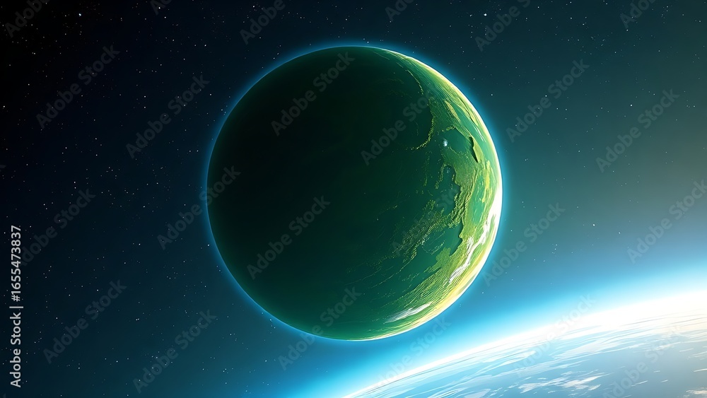 Fototapeta premium Lush green planet floating in space with a glowing atmosphere, depicting cosmic beauty.