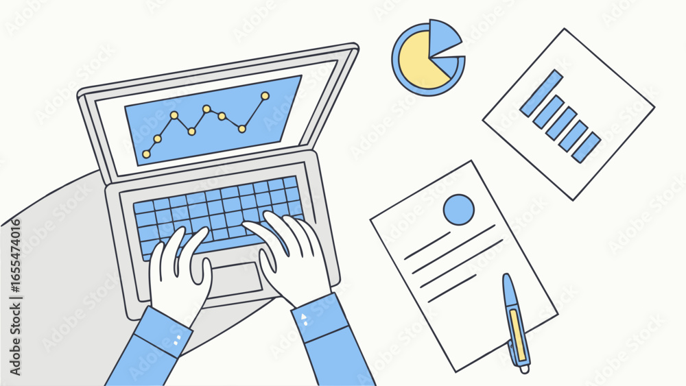 Fototapeta premium Hands Typing on Laptop with Line Graph and Data Charts.