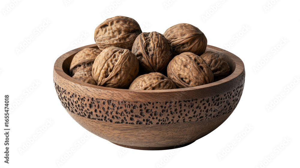 Walnuts in rustic wooden bowl with organic nuts collection healthy snack top view arrangement isolated on white background Walnuts in rustic wooden bowl with organic nuts collection healthy snack top view arrangement isolated on white background
