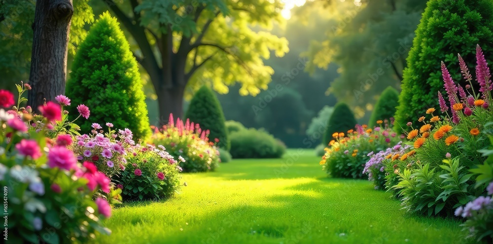 Obraz premium Serene garden landscape featuring lush greenery, vibrant flowers, and a meticulously manicured lawn Perfect for home improvement, gardening, and real estate websites , flowers, idyllic, peaceful