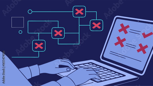 Hands Typing on Laptop with Multiple Error Indicators.