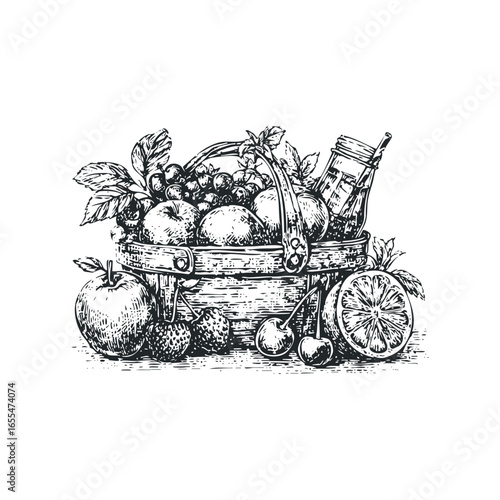 Basket brimming with assorted fresh fruits and a glass jar of juice