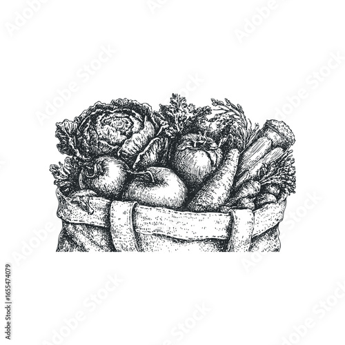 Sketch of a tote bag overflowing with fresh produce including lettuce tomatoes and carrots