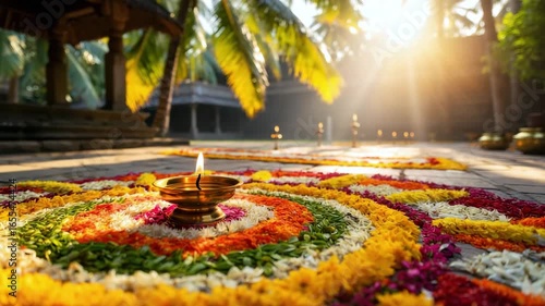Onam pookalam with oil lamp at temple courtyard, vibrant floral rangoli design, Kerala festival morning light, traditional cultural celebration decor