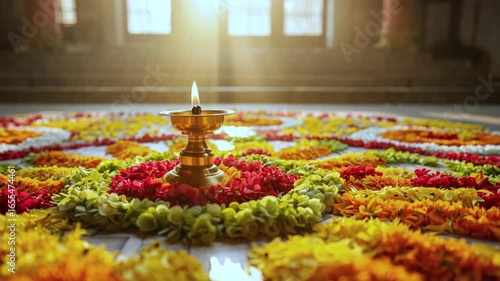 Onam pookalam with central oil lamp, vibrant floral rangoli design, traditional Indian festival decoration, temple floor art, Kerala celebration light