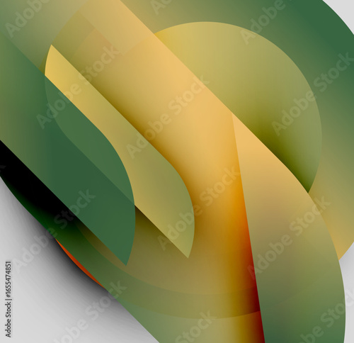 Abstract shapes overlap, creating layered effect. Colors range from olive green to warm orange tones. Smooth gradients define forms.