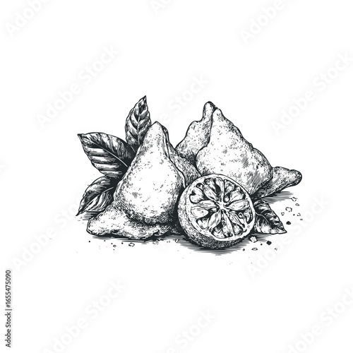 Hand drawn sketch of two ripe limes and a citrus slice with fresh green leaves