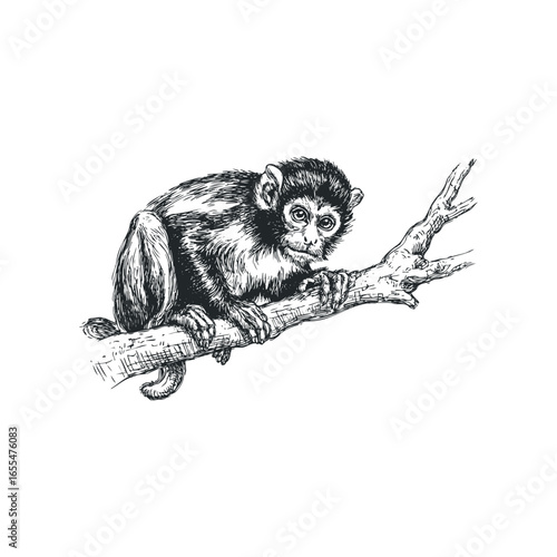 Sketch of a young monkey perched on a weathered tree branch