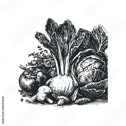 Vintage Style Black and White Vegetable Still Life Composition