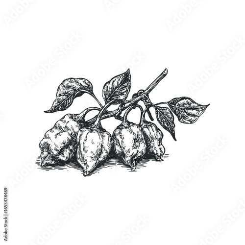 Hand drawn ink sketch of ripe chili peppers on a vine