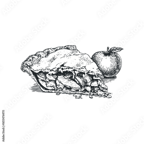 Detailed sketch of a baked apple pie slice with whole fruit