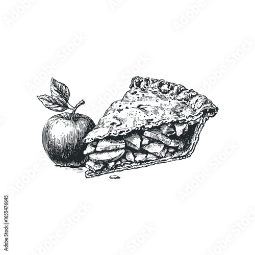 Hand-drawn slice of apple pie with whole apple and leaves
