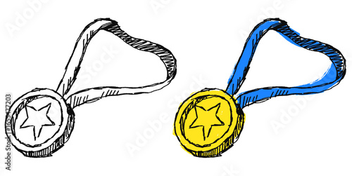 Grunge sketch medallion vector for awards, achievement, and quality with a raw, artistic feel. Ideal for illustrating excellence, competition, and creative concepts.