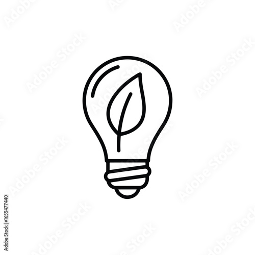 A simple black line icon of a light bulb with a single leaf inside, symbolizing green energy, sustainability, and eco-friendly ideas.