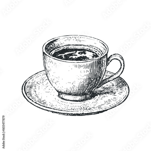 Hand Drawn Coffee Cup and Saucer with Dark Beverage