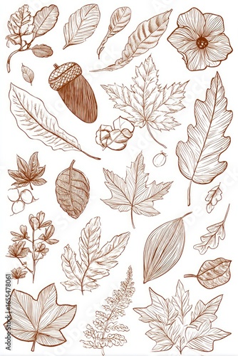Detailed line drawings of various leaves and botanical elements in muted brown tones