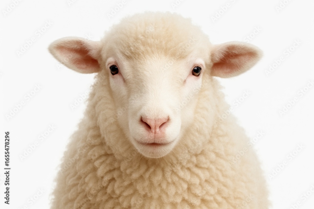Obraz premium Adorable sheep face portrait isolated on white background showcasing farm animal in clean commercial photography style