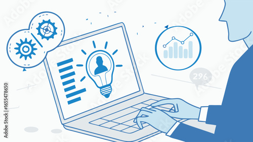 Person working on laptop with idea generation and data analysis concept.