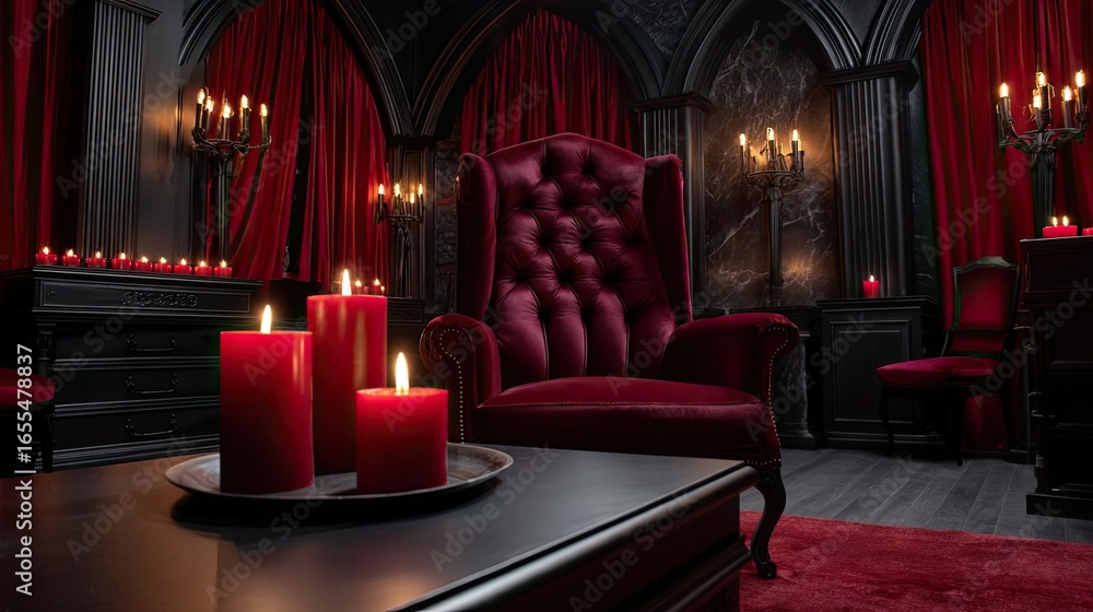 custom made wallpaper toronto digitalHalloween gothic vampire living room concept. Elegant dark room with red candles and plush seating.