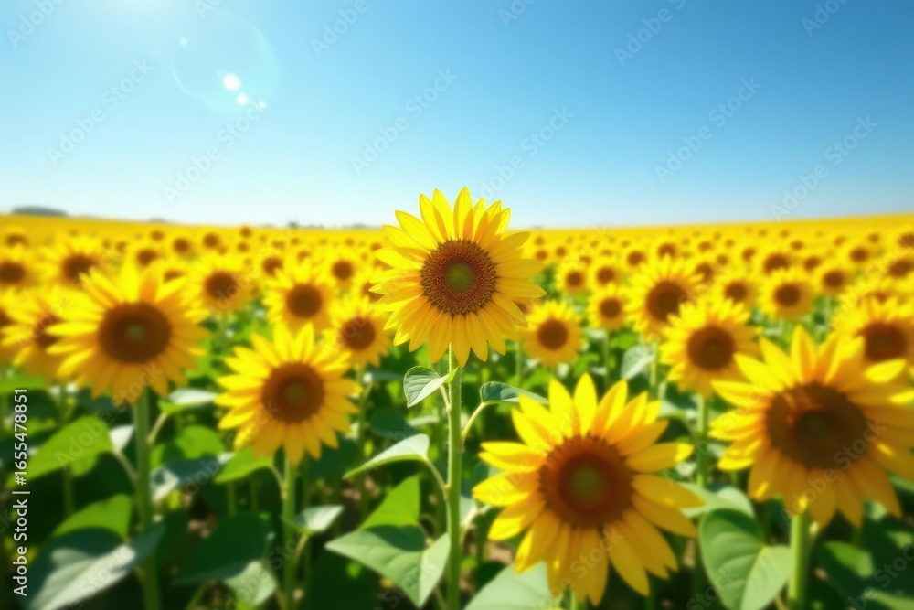 Fototapeta premium Vast sunflower field, vibrant yellow against a clear blue sky , botany, golden, sun