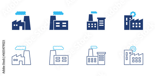 Factory icon set. Containing industrial building, manufacturing plant, power chimney, and production facility icons. Solid and Line icon collection.