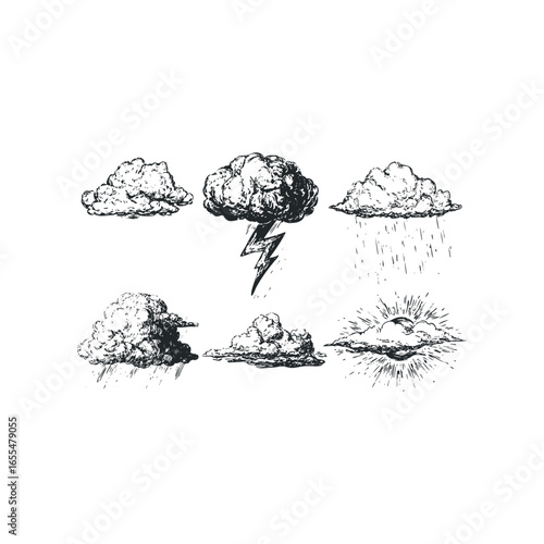 Collection of Hand-Drawn Weather Icons Featuring Clouds, Lightning, and Rainfall