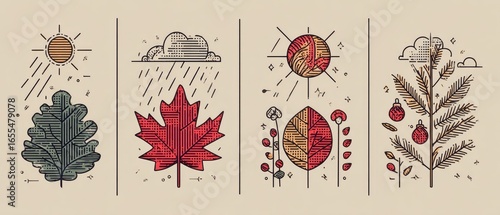 Four Seasons Depicted by Leaves and Weather