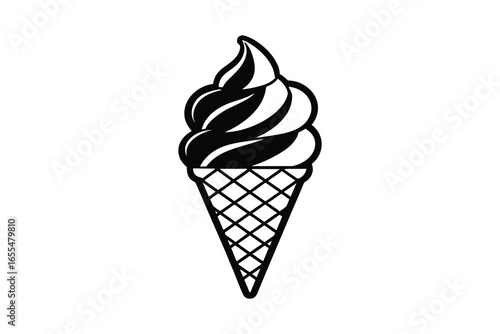 Black and white soft serve ice cream cone silhouette isolated on white background