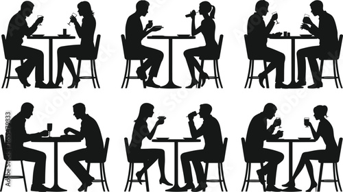 Silhouettes of people sitting at tables, drinking and eating, cafe or restaurant scene, social interaction, dining together, black figures, white background
