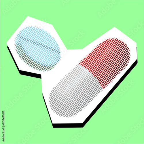 Drug pill halftone dotted collage element pointillize in paper torn vector. Represents medication, healthcare, and pharmaceutical treatments with a fragmented, artistic aesthetic.