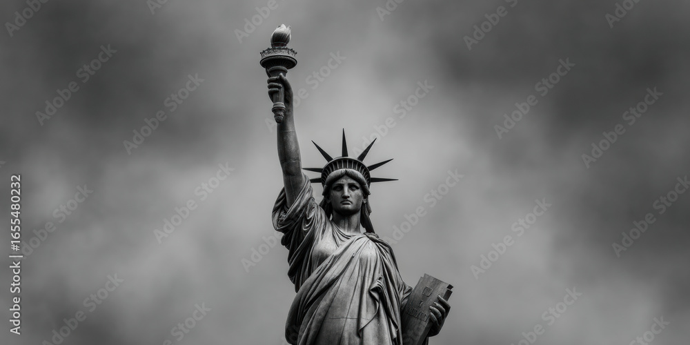 Fototapeta premium dramatic black-and-white image of the Statue of Liberty holding a torch, symbolizing freedom and hope against a cloudy sky.