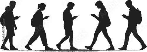 Silhouettes of people walking with smartphones, modern technology addiction, digital lifestyle, mobile device usage, backpack wearers, urban life, communication, social behavior, tech culture
