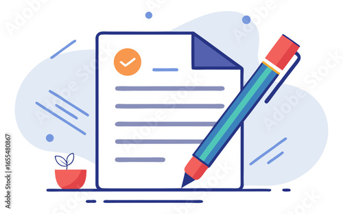 A cartoon image shows a hand-drawn illustration of a document with a green checkmark on it, and a large pen next to it, on a light blue background.