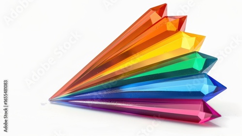A vibrant colordividing prism refracts light beautifully, showcasing a blend of hues with a sharp vertex focus.