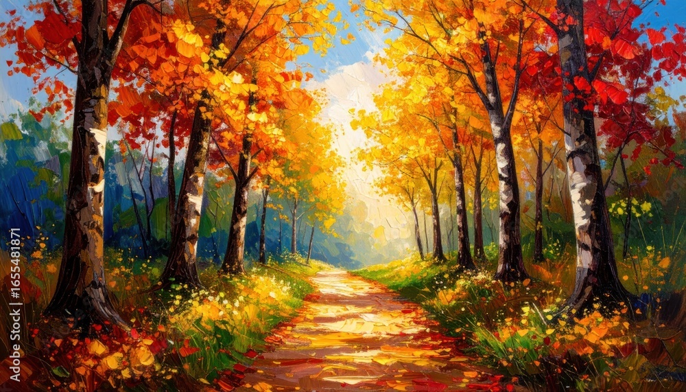 Fototapeta premium Vibrant Autumn Forest Path Oil Painting