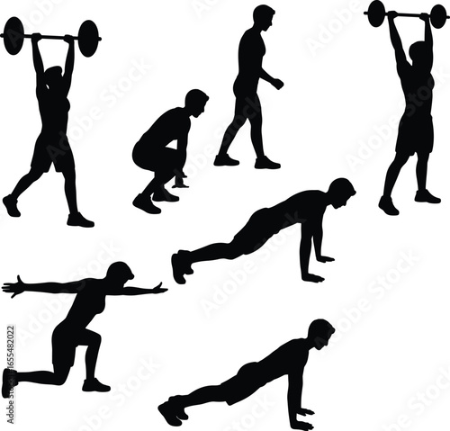 Silhouettes of person performing multiple fitness exercises, barbell lift, squat, plank, lunge, push‑up, walking, black isolated figures, white background, workout poses