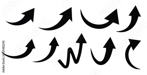 Collection of black curved and straight arrows pointing upwards and right white background